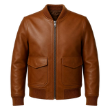 Men’s Cognac Brown Leather Bomber Jacket | Ribbed Collar Zip Flight Jacket