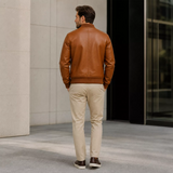 Men’s Cognac Brown Leather Bomber Jacket | Ribbed Collar Zip Flight Jacket