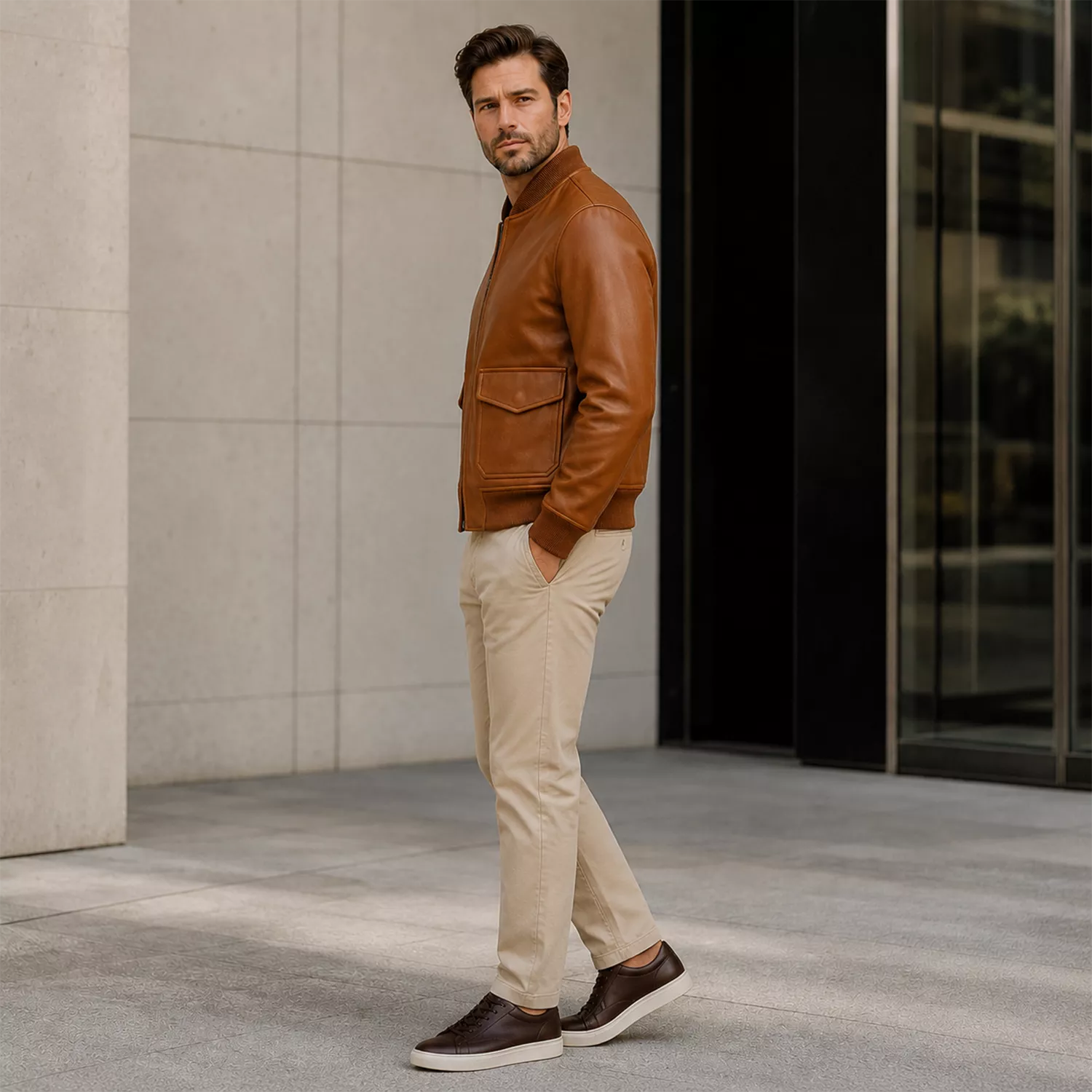 Men’s Cognac Brown Leather Bomber Jacket | Ribbed Collar Zip Flight Jacket