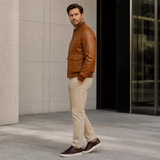 Men’s Cognac Brown Leather Bomber Jacket | Ribbed Collar Zip Flight Jacket
