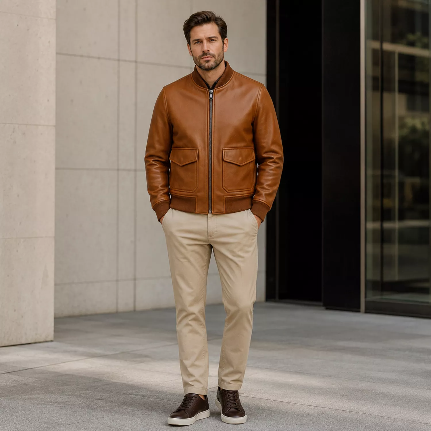 Men’s Cognac Brown Leather Bomber Jacket | Ribbed Collar Zip Flight Jacket