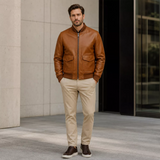 Men’s Cognac Brown Leather Bomber Jacket | Ribbed Collar Zip Flight Jacket