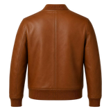 Men’s Cognac Brown Leather Bomber Jacket | Ribbed Collar Zip Flight Jacket