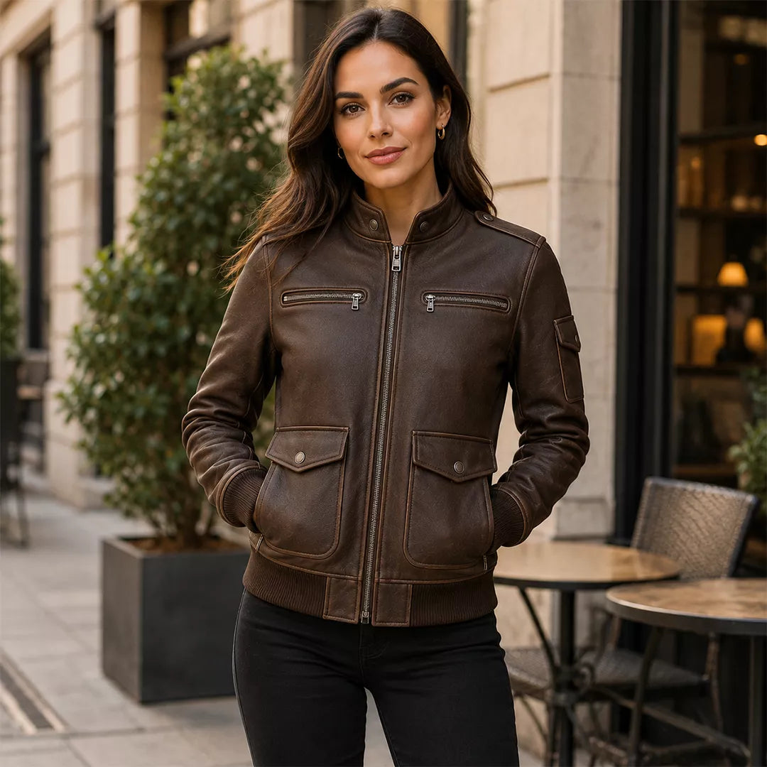 Women’s Dark Brown Leather Utility Racer Jacket | Multi Pocket