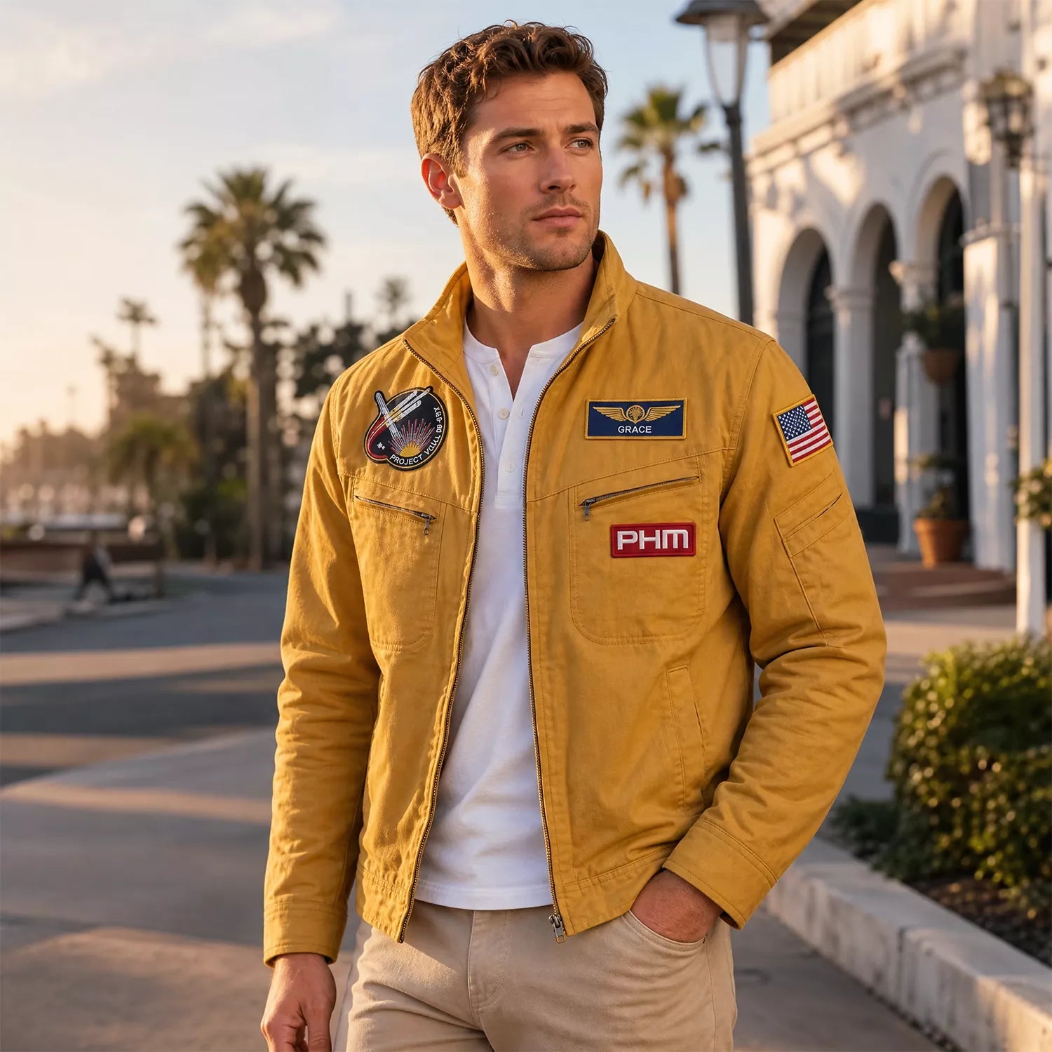 Men's Yellow Aerospace Pilot Jacket | Embroidered Cosplay Coat