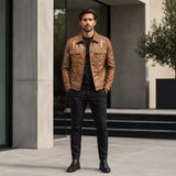 Men’s Tan Leather Trucker Jacket | Classic Western Style