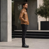 Men’s Tan Leather Trucker Jacket | Classic Western Style