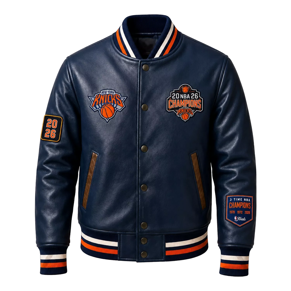 Men’s Navy Basketball Varsity Leather Jacket | Championship Style Bomber Jacket