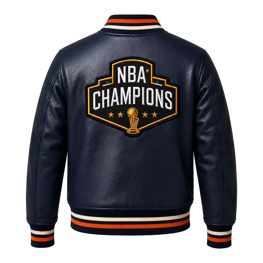 Men’s Navy Basketball Varsity Leather Jacket | Championship Style Bomber Jacket