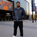 Men’s Navy Basketball Varsity Leather Jacket | Championship Style Bomber Jacket
