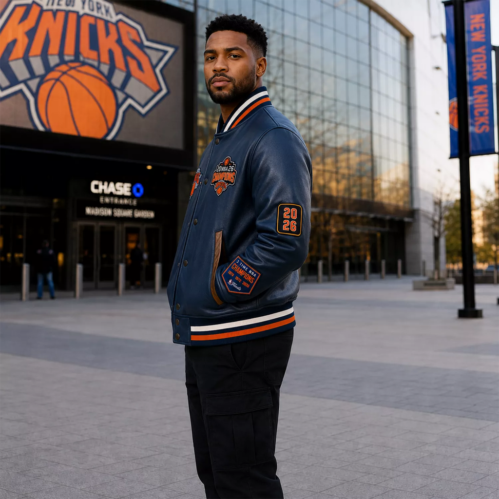 Men’s Navy Basketball Varsity Leather Jacket | Championship Style Bomber Jacket