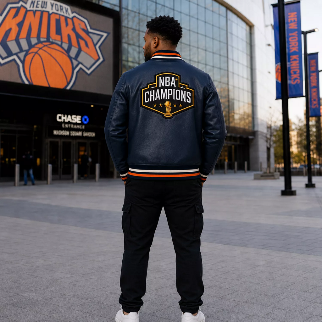 Men’s Navy Basketball Varsity Leather Jacket | Championship Style Bomber Jacket