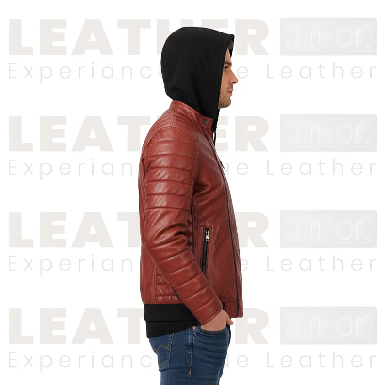 Men’s Red Moto Leather Jacket with Removable Hoodie – Quilted Biker Style
