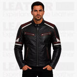 Men's Black Burgundy Cafe Racer Leather Jacket - Vintage Biker Motorcycle Coat