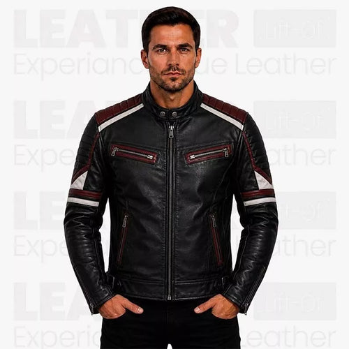Blouson Café Racer en cuir noir et bordeaux pour homme - Manteau de motard vintage