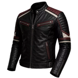 Men's Black Burgundy Cafe Racer Leather Jacket - Vintage Biker Motorcycle Coat