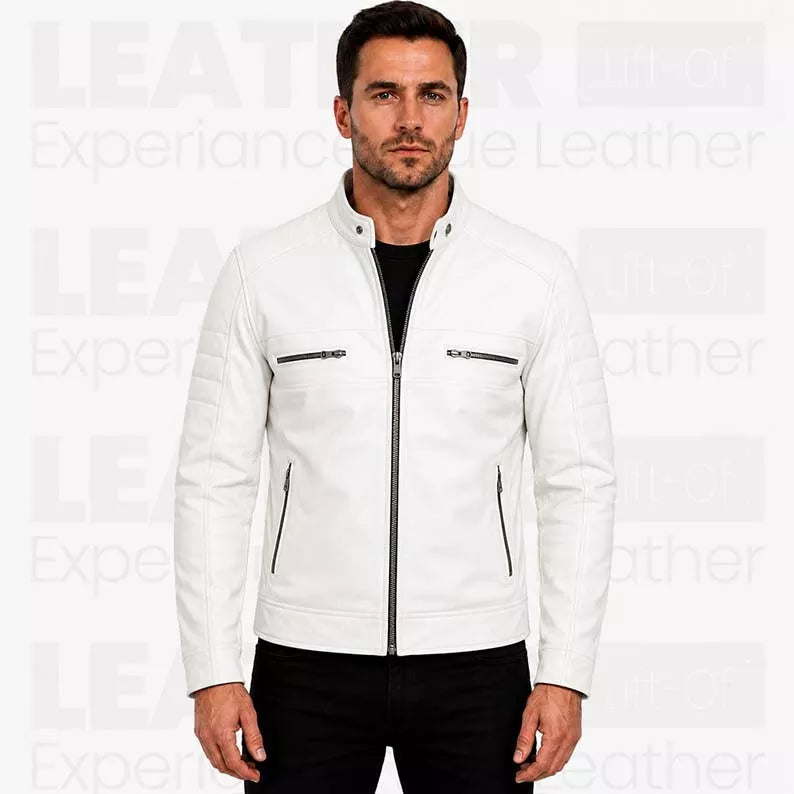 Men's White Leather Biker Jacket – Premium Genuine Leather Motorcycle Jacket for Men