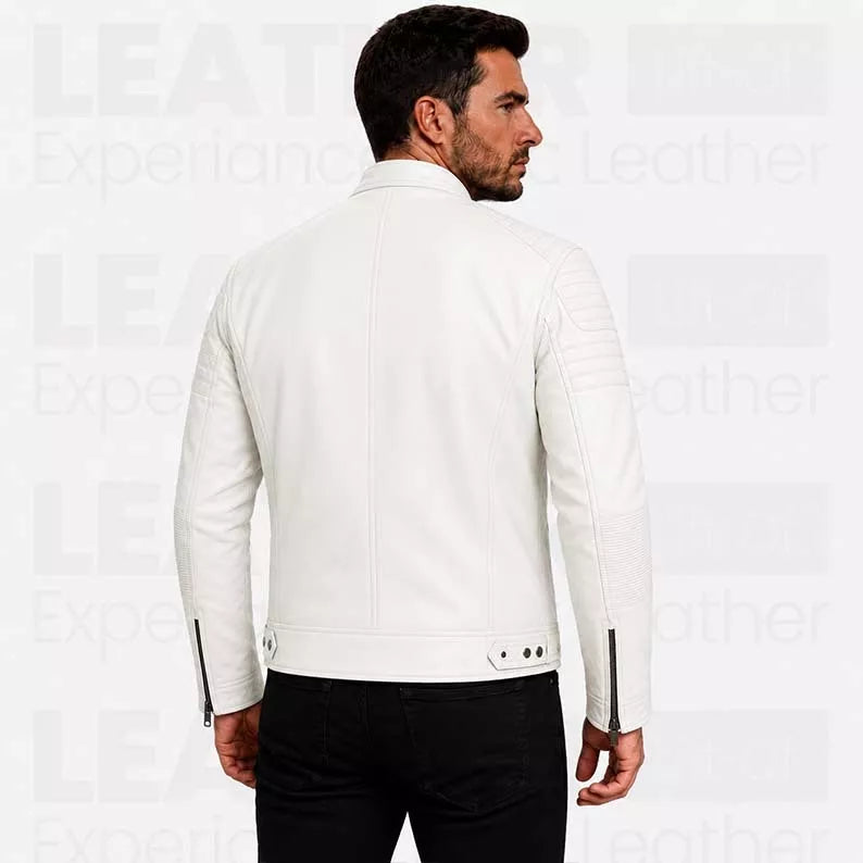 Men's White Leather Biker Jacket – Premium Genuine Leather Motorcycle Jacket for Men