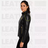 Women’s Brazil Soccer Fan Leather Jacket | Black Gold Zip Biker Jacket