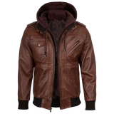 Men's Brown Hooded Leather Bomber Jacket – Premium Genuine Leather Casual Winter Motorcycle Jacket