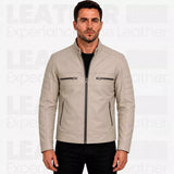 Men's Beige Cafe Racer Leather Jacket – Quilted Motorcycle Rider Jacket