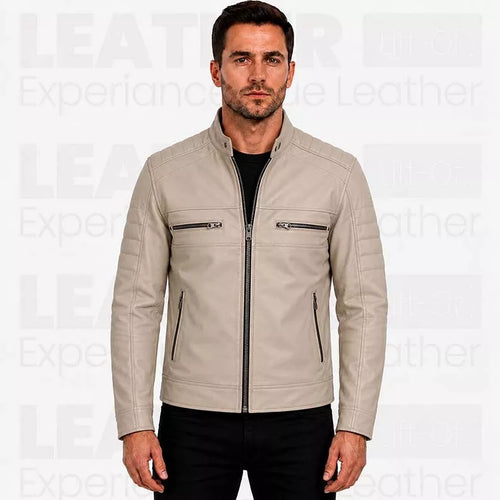 Blouson en cuir matelassé beige style Café Racer pour homme – Veste de motard