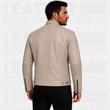 Men's Beige Cafe Racer Leather Jacket – Quilted Motorcycle Rider Jacket