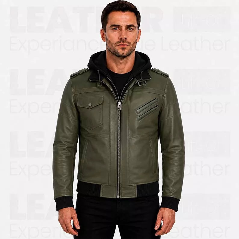 Men’s Olive Green Hooded Leather Bomber Jacket – Military Style Jacket