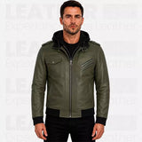 Men’s Olive Green Hooded Leather Bomber Jacket – Military Style Jacket
