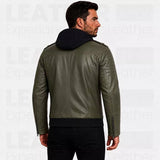 Men’s Olive Green Hooded Leather Bomber Jacket – Military Style Jacket