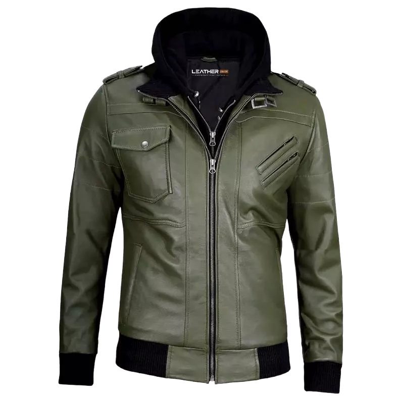 Men’s Olive Green Hooded Leather Bomber Jacket – Military Style Jacket