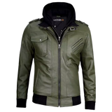 Men’s Olive Green Hooded Leather Bomber Jacket – Military Style Jacket