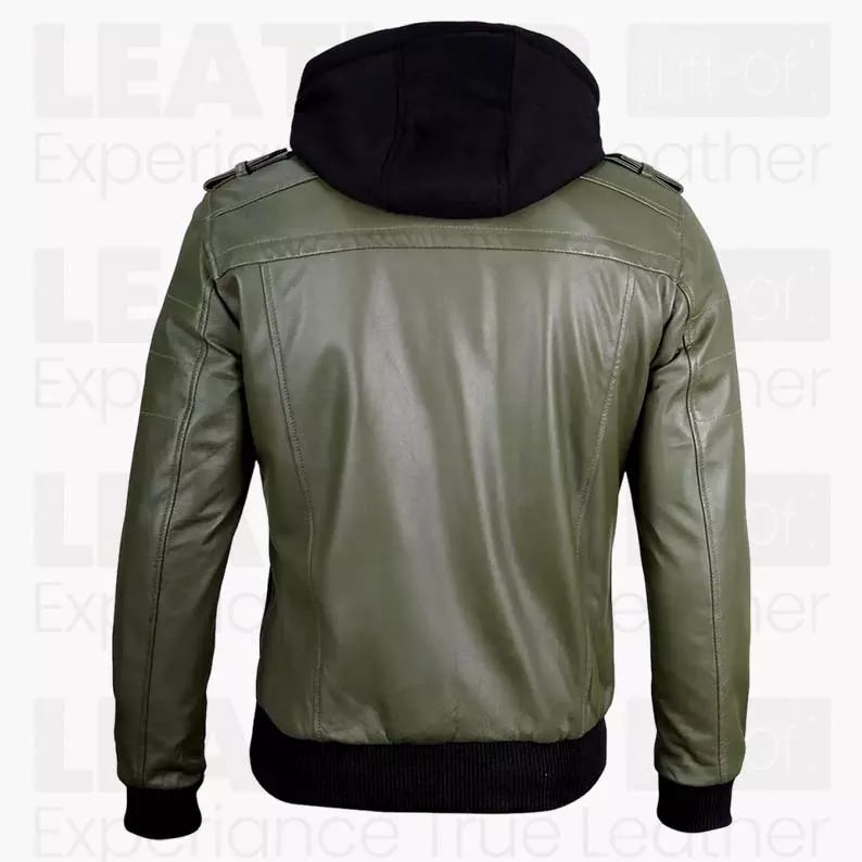 Men’s Olive Green Hooded Leather Bomber Jacket – Military Style Jacket