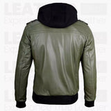 Men’s Olive Green Hooded Leather Bomber Jacket – Military Style Jacket