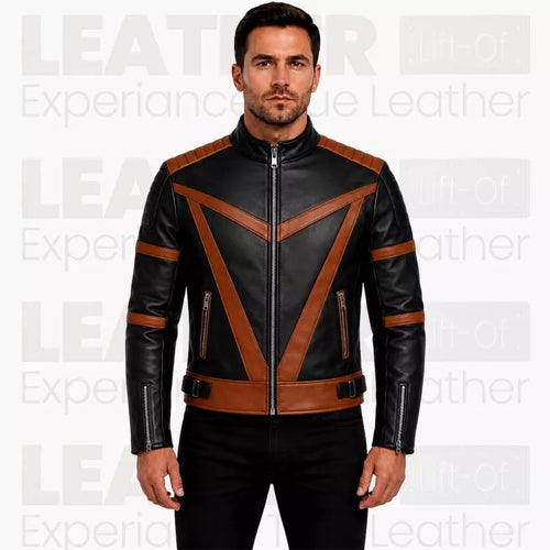 Blouson de motard tendance en cuir de course noir et marron pour homme – Blouson de moto color block haut de gamme