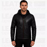 Batman Inspired Black Leather Hooded Jacket for Men - Superhero Style Zip Up Hoodie Jacket