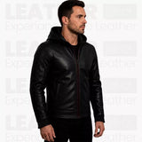 Batman Inspired Black Leather Hooded Jacket for Men - Superhero Style Zip Up Hoodie Jacket