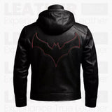 Batman Inspired Black Leather Hooded Jacket for Men - Superhero Style Zip Up Hoodie Jacket
