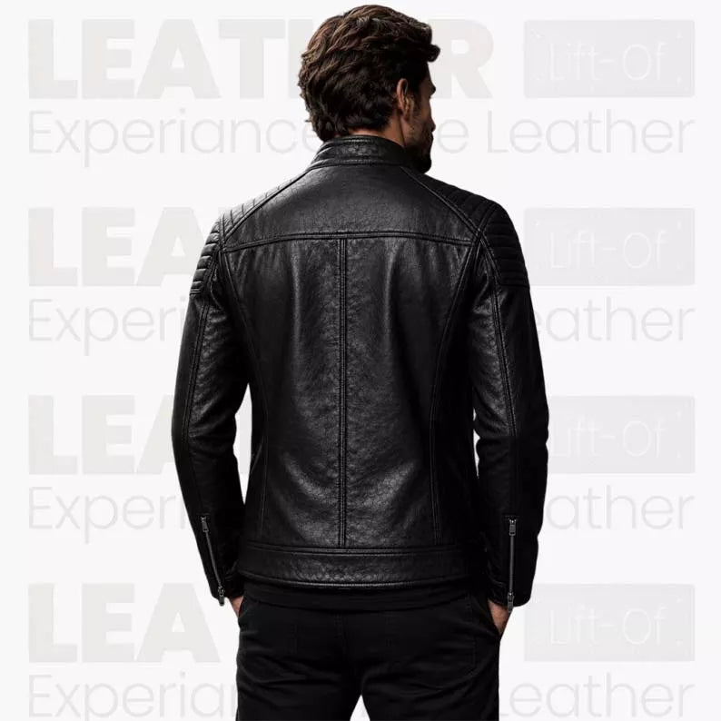 Blouson de motard noir en cuir pour homme | Blouson style Café Racer matelassé