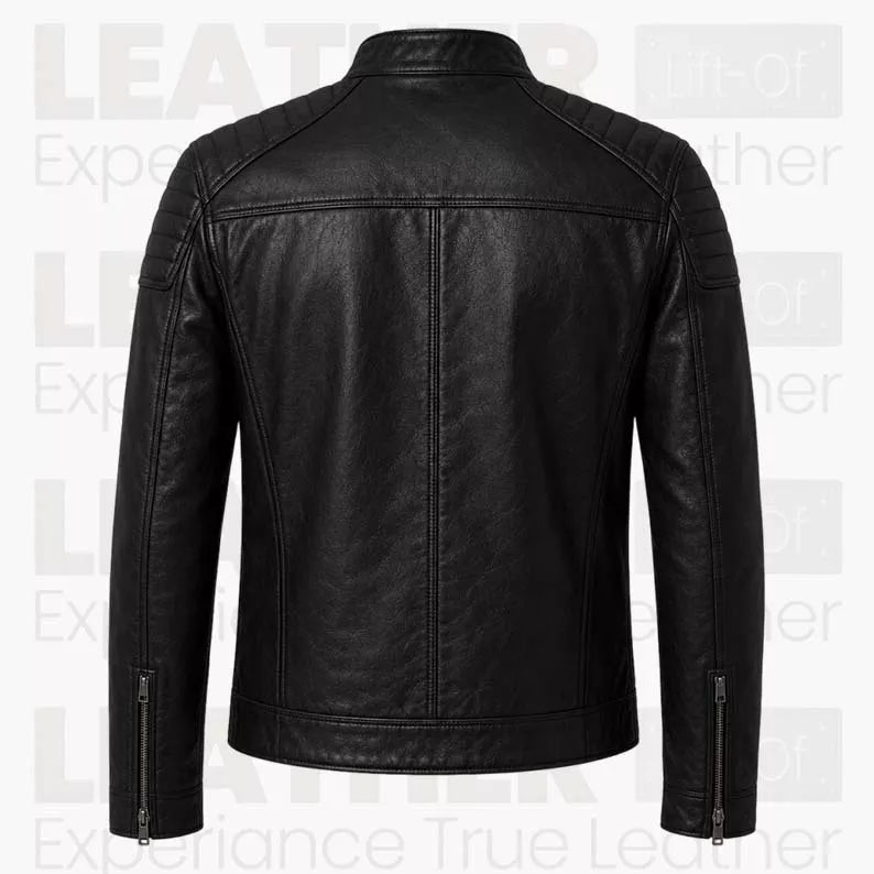 Blouson de motard noir en cuir pour homme | Blouson style Café Racer matelassé