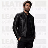 Blouson de motard noir en cuir pour homme | Blouson style Café Racer matelassé
