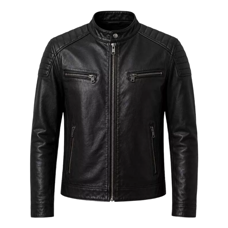 Blouson de motard noir en cuir pour homme | Blouson style Café Racer matelassé