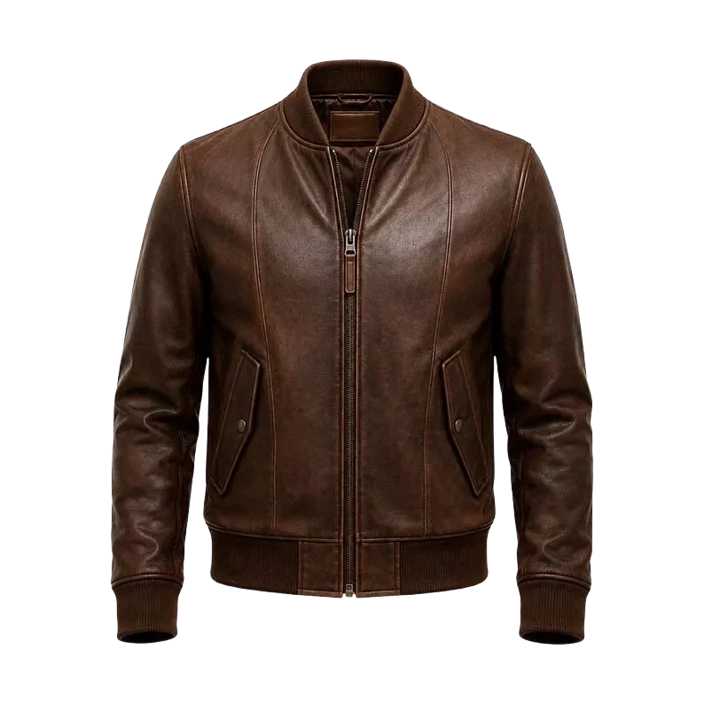 Men’s Brown Leather Bomber Jacket – Classic Zip-Up Ribbed Collar Jacket