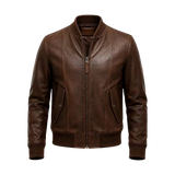 Men’s Brown Leather Bomber Jacket – Classic Zip-Up Ribbed Collar Jacket
