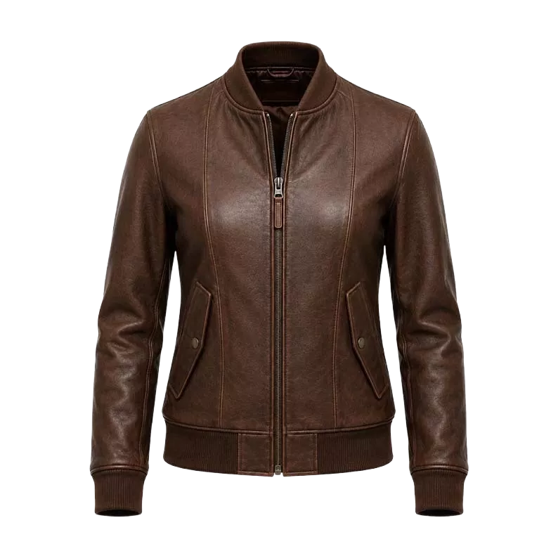 Women’s Brown Leather Bomber Jacket – Classic Zip-Up Ribbed Collar Jacket