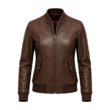 Women’s Brown Leather Bomber Jacket – Classic Zip-Up Ribbed Collar Jacket