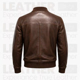 Men’s Brown Leather Bomber Jacket – Classic Zip-Up Ribbed Collar Jacket