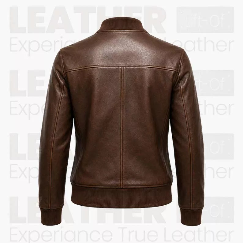 Women’s Brown Leather Bomber Jacket – Classic Zip-Up Ribbed Collar Jacket