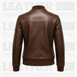 Women’s Brown Leather Bomber Jacket – Classic Zip-Up Ribbed Collar Jacket