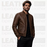 Men’s Brown Leather Bomber Jacket – Classic Zip-Up Ribbed Collar Jacket